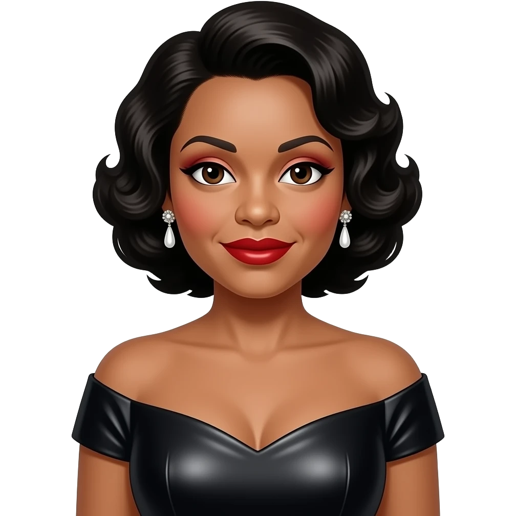 Marian Anderson with dark brown eyes, long black 40s soft curled bob hair, red eyeshadow, red lipstick, black metallic off shoulder dress, earrings emoji