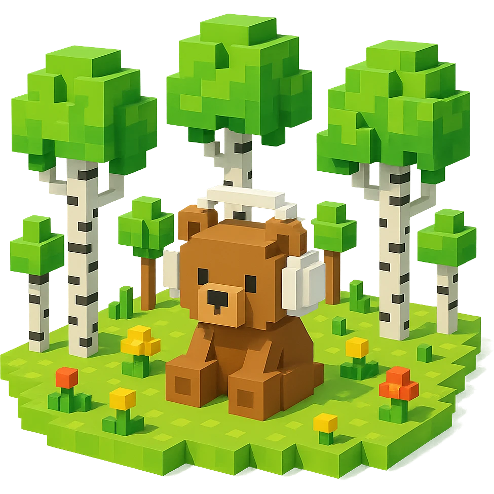 березовый лес, в котором сидит бурый медвежонок в белых наушниках (наушники должны закрывать уши медведя), no background  emoji