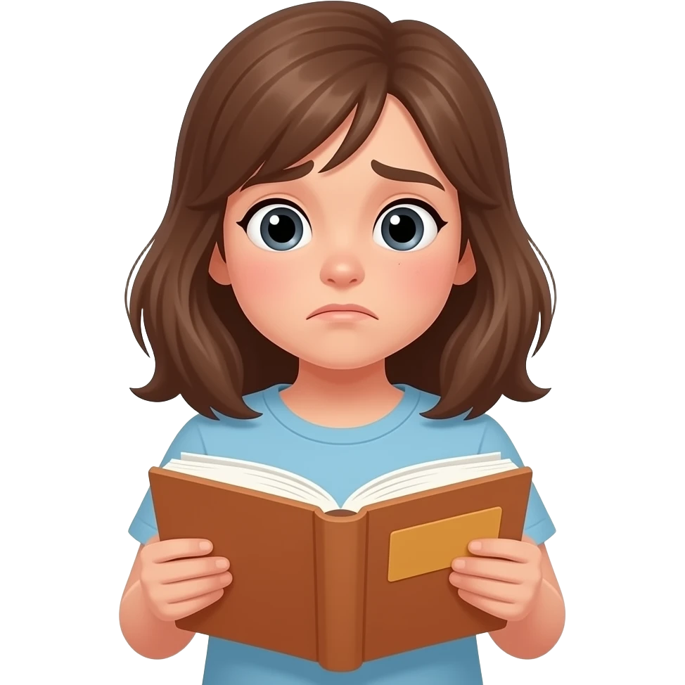 older girl reading a book looking confused emoji