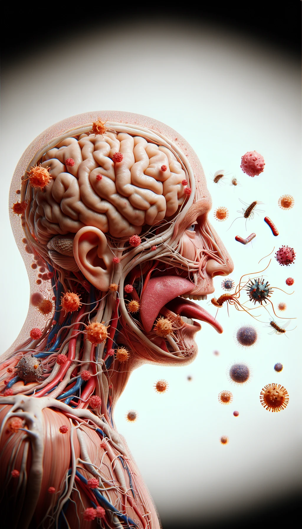 corpo umano anatomico di profilo con virus e parassiti che cercano di attaccarlo , isolato su sfondo bianco, iperrealistico 4k emoji