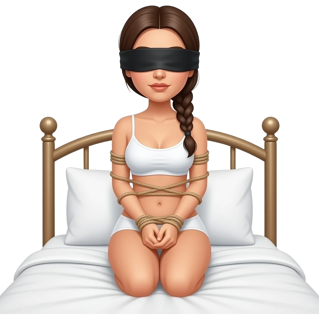 woman in blinfold, in white underwear, braided ponytail, arms and laegs tied on bed emoji
