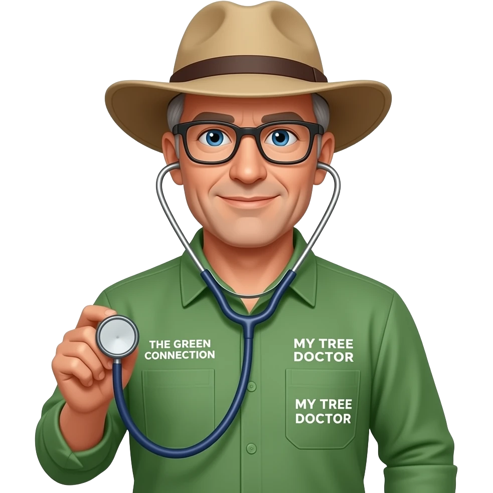 Friendly middle-aged man blue eyes. Dark rectangle glasses, in green-collared, long-sleeve shirt.  Flatter wider-brim Australian Akubru hat. Holding a stethoscope. Insert 'THE GREEN CONNECTION' in white directly onto the left pocket & onto the right pocket, place only the words 'MY TREE DOCTOR' emoji