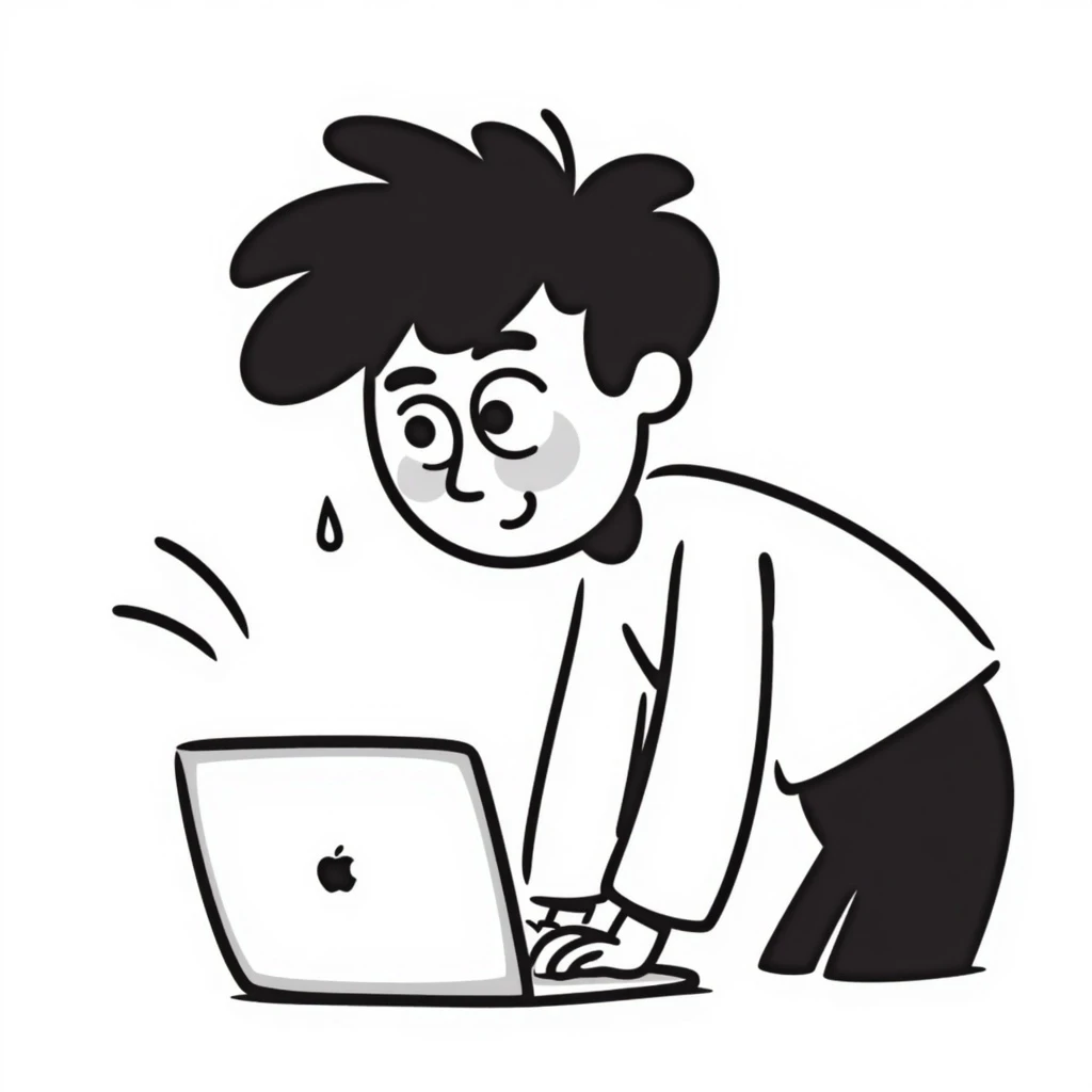 a person typing furiously on a laptop, hair standing up and sweat drops flying, playful doodle style emoji