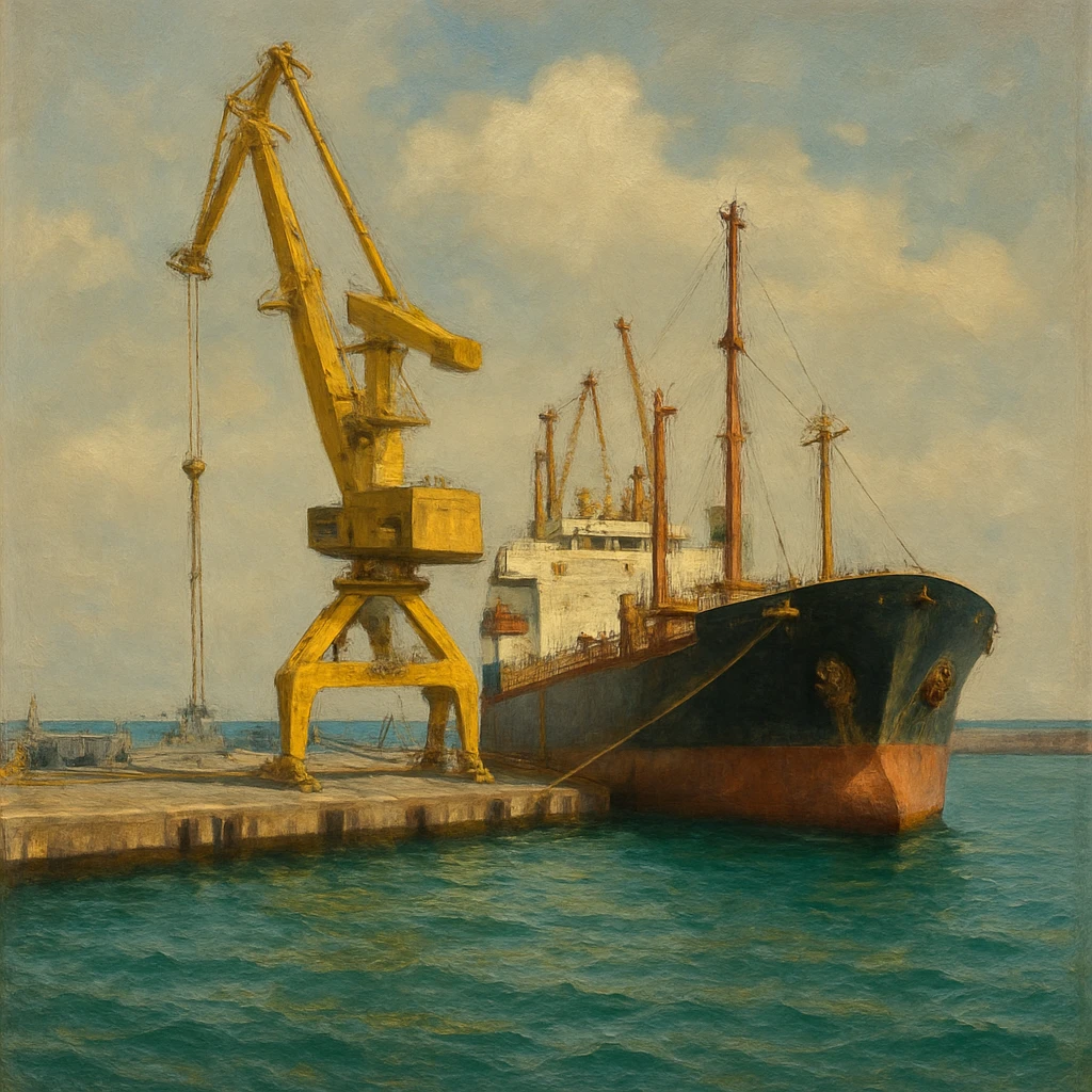фотография современного торгового порта на берегу моря. На переднем плане — большой грузовой корабль у причала, рядом высокий портовый кран жёлтого цвета. Вода бирюзовая, слегка волнистая, на фоне виден бетонный волнорез и небо с мягкими облаками. Композиция сбалансирована: корабль справа, кран слева. Освещение дневное, естественное, с мягкими тенями. Атмосфера индустриальная, но спокойная, без людей. В СТИЛЕ РЕАЛИСТИЧНОЙ ЖИВОПИСИ на однородном фоне emoji