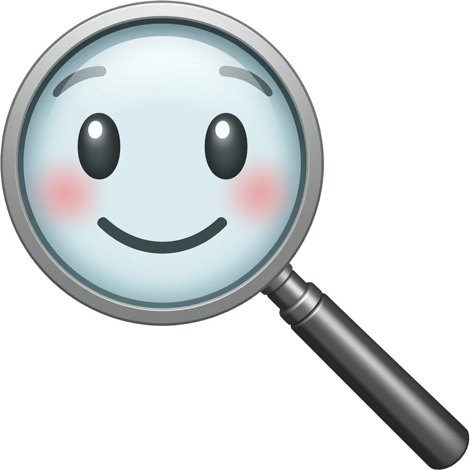 A magnifying glass with a thinking simple face in it emoji