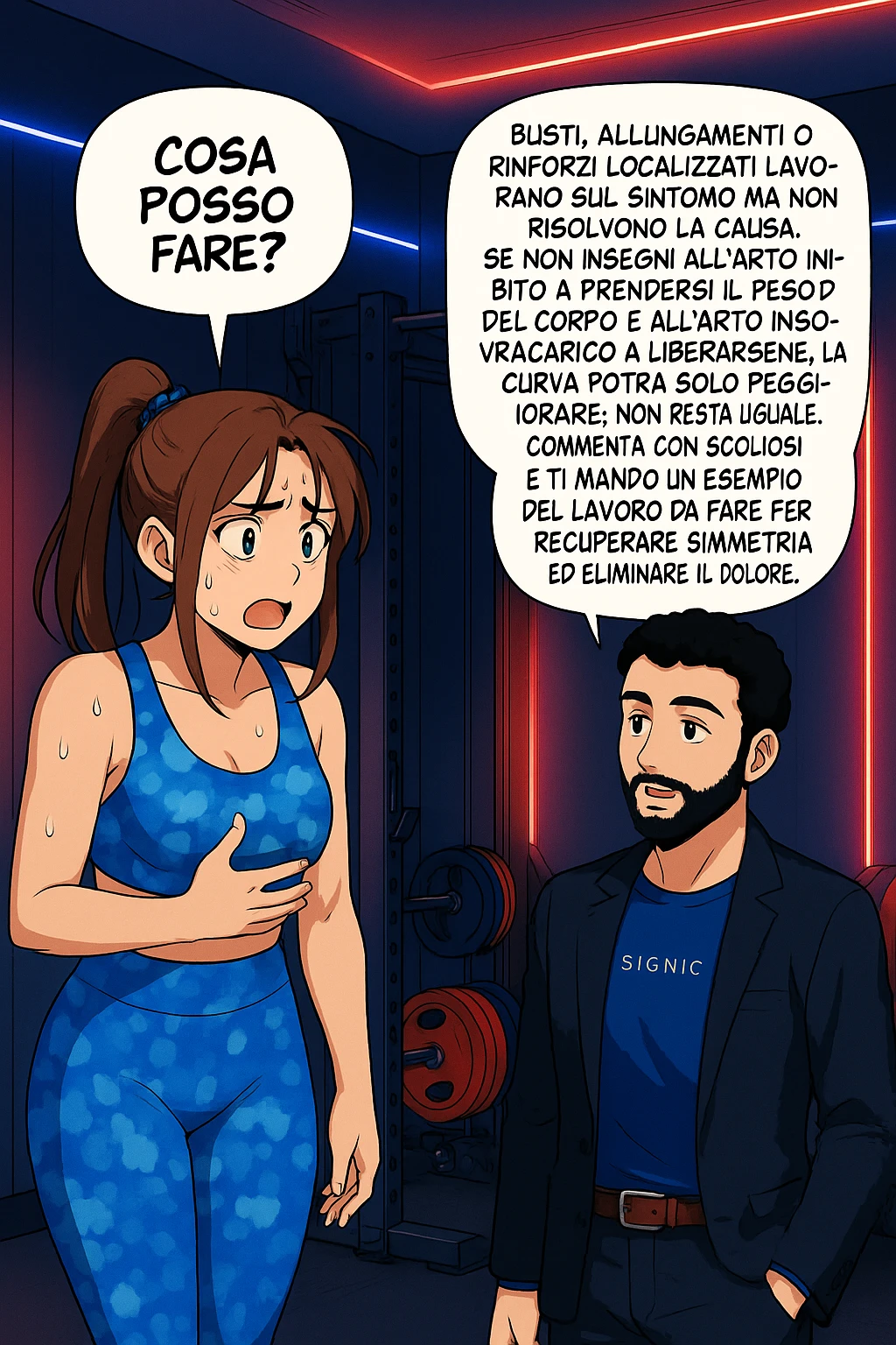 ispirati a questo stile di disegno e fai questa immagine in versione manga/webtoon a colori, il manga mostra la donna preoccupata che chiede: "COSA POSSO FARE?" E L'UOMO CHE RISPONDE: Busti, allungamenti o rinforzi localizzati lavorano sul sintomo ma non risolvono la causa. Se non insegni all’arto inibito a prendersi il peso del corpo e all’arto in sovraccarico a liberarsene, la curva potrà solo peggiorare; non resta uguale. Commenta con scoliosi e ti mando un esempio del lavoro da fare per recuperare simmetria ed eliminare il dolore. emoji