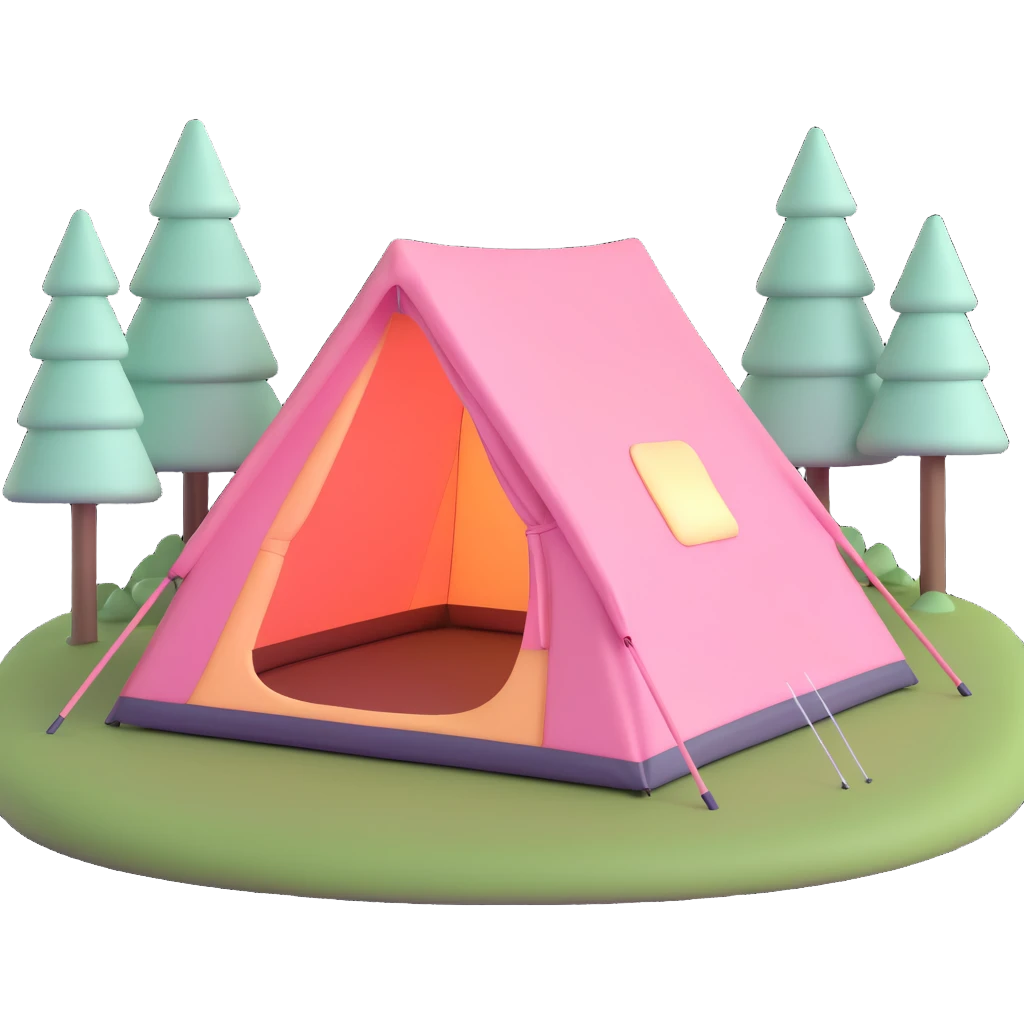 aesthetic camping tent, 3D effect, pastel pink, minimal and elegant, soft lighting emoji