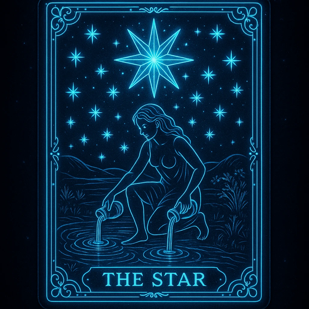 a tarot card in neon blue, glowing, mystical, intricate details, dark background emoji