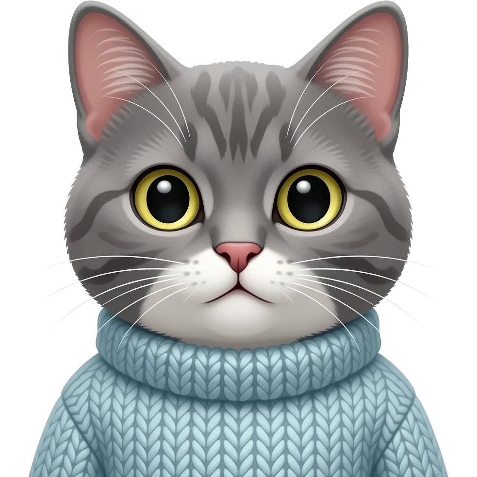 cute grey cat wearing sweater,  front facing emoji