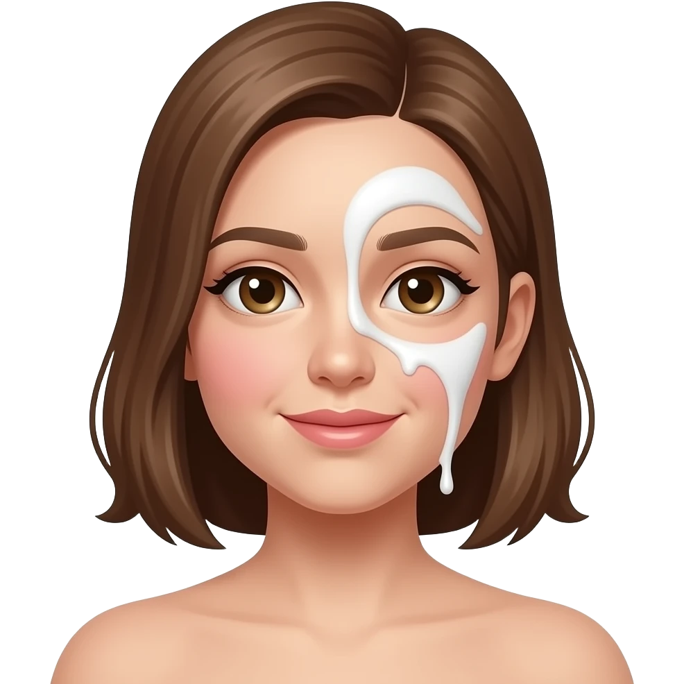 Naked girl, white liquid on face, blushing emoji
