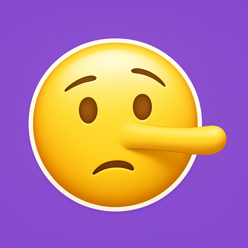 Recreate an emoji in Apple emoji style: a yellow face with a long Pinocchio nose, raised eyebrows, and a skeptical mouth. The emoji should have a white outline and a purple background. Exact recreation with these details. emoji