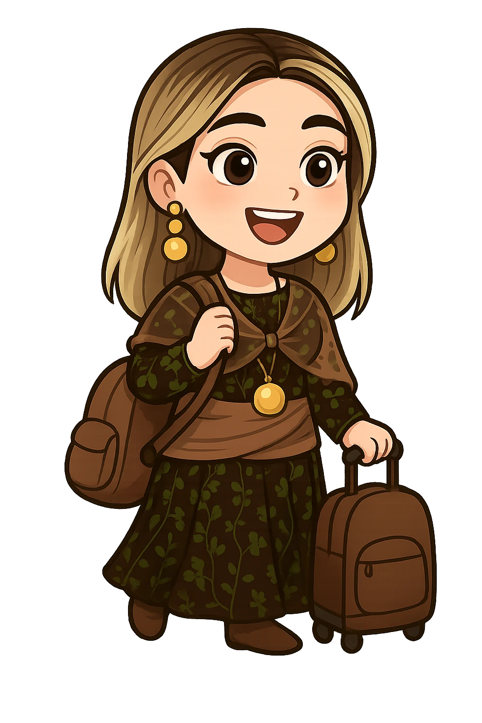Kurdish cartoon sticker of the same woman in the new dress, ready for travel, holding a suitcase or backpack, excited expression, no text, transparent background emoji