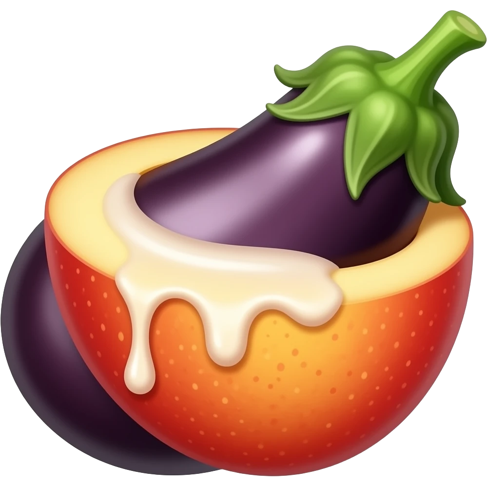 Eggplant peach emoji with white cream dripping from peach emoji