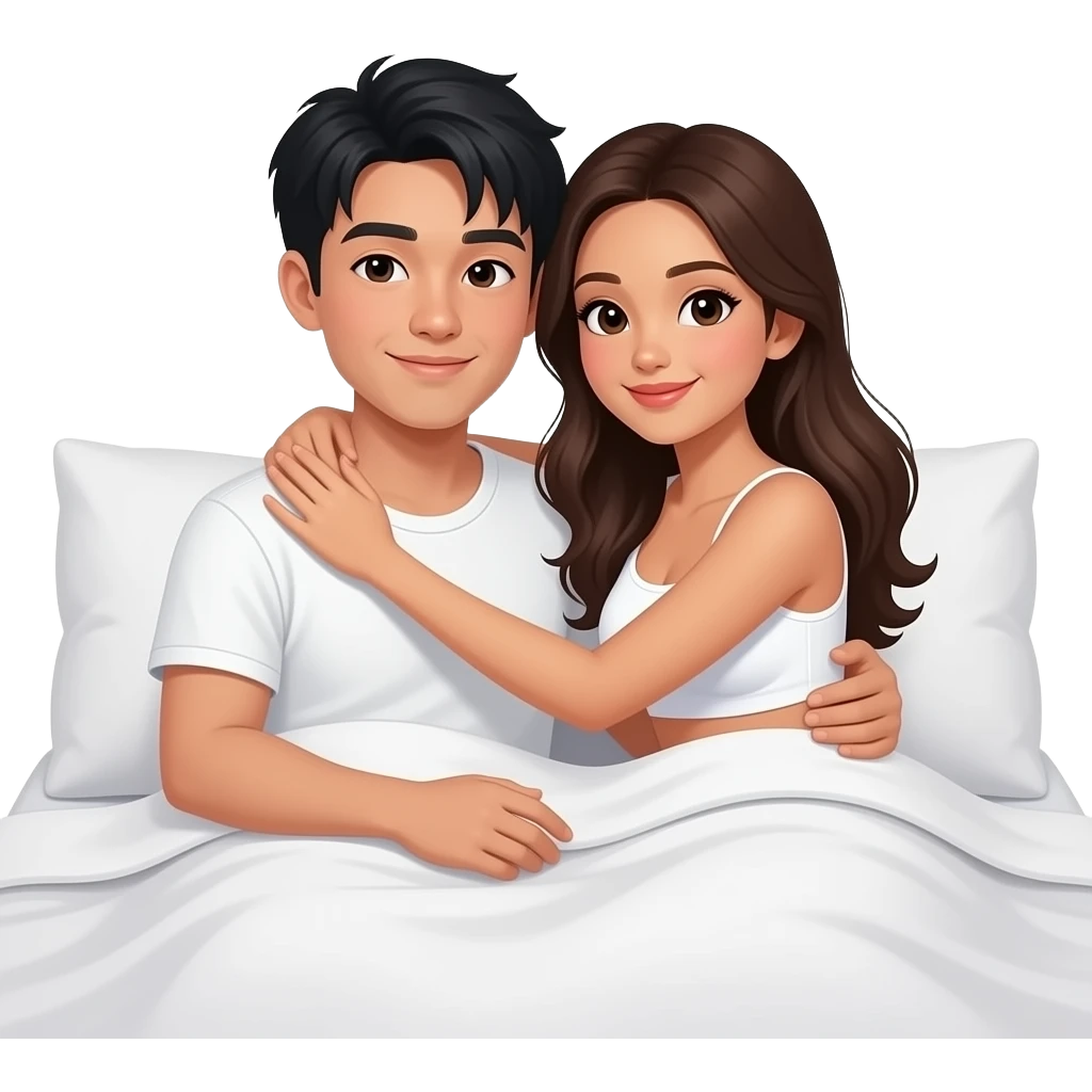 hot asian young guy and hot filipina girl cuddle in the bed, they are wearing underwear. his skin is white and her skin is brown emoji