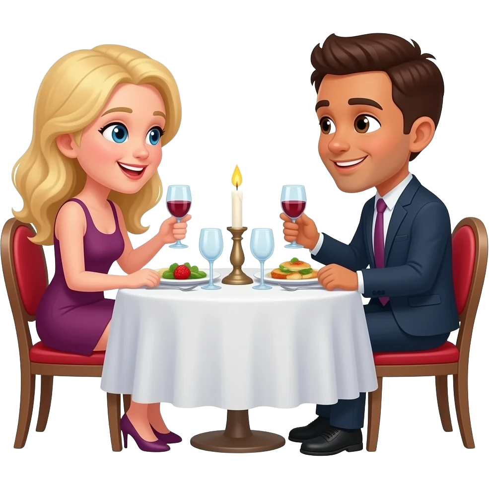 Make a gay couple on a Date , one has light Skin with Blond Hair and Blue Eyes, the other one has slightly brown skin witz dark Brown Hair and Brown Eyes. They are sitting on a romantic Table eating Dinner with a Candle between Them. The look a each other and laugh. emoji