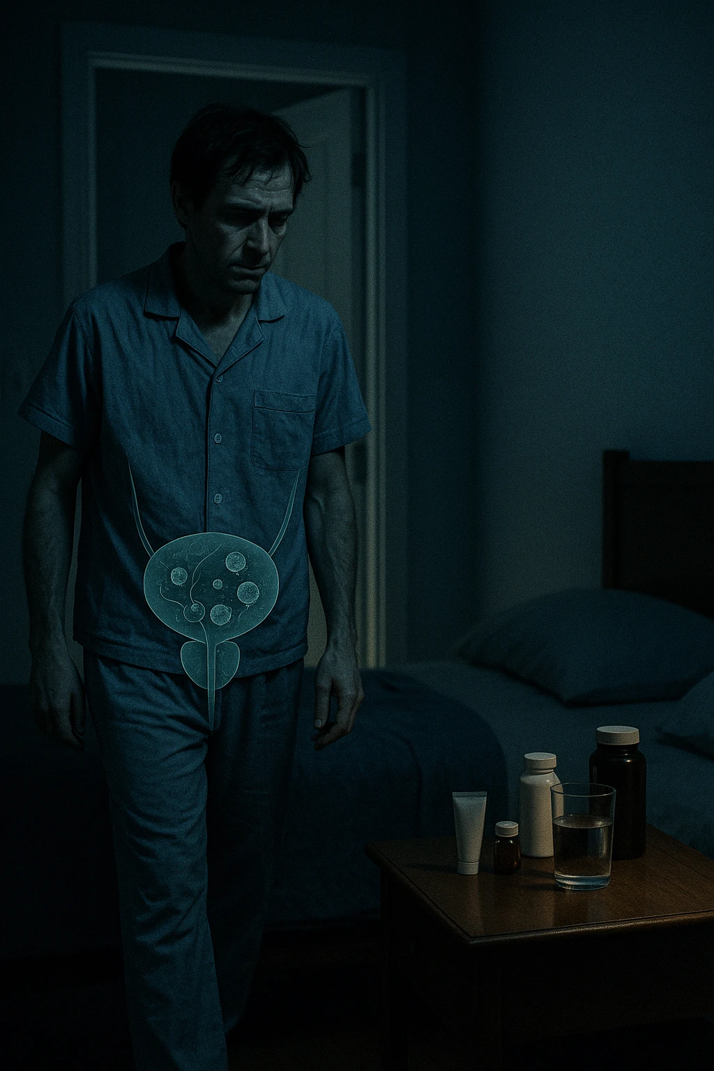 A cinematic night scene showing a man in his late 30s walking stanco verso il bagno in penombra, con la luce fioca che filtra da sotto la porta. Indossa abiti da notte sgualciti, ha un’espressione stanca e il volto scavato dalla mancanza di sonno. Sul comodino accanto al letto ci sono creme mediche, integratori e un bicchiere d’acqua. Una leggera sovrapposizione simbolica mostra, in trasparenza sul corpo, un’area anatomica maschile con presenza di microrganismi parassitari (raffigurati in stile medico-scientifico, non grottesco). Il contrasto visivo fa capire che la causa della nicturia è interna e nascosta, non visibile all’occhio umano. Illuminazione fredda, stile 35mm con profondità emotiva e sottile tensione clinica. emoji