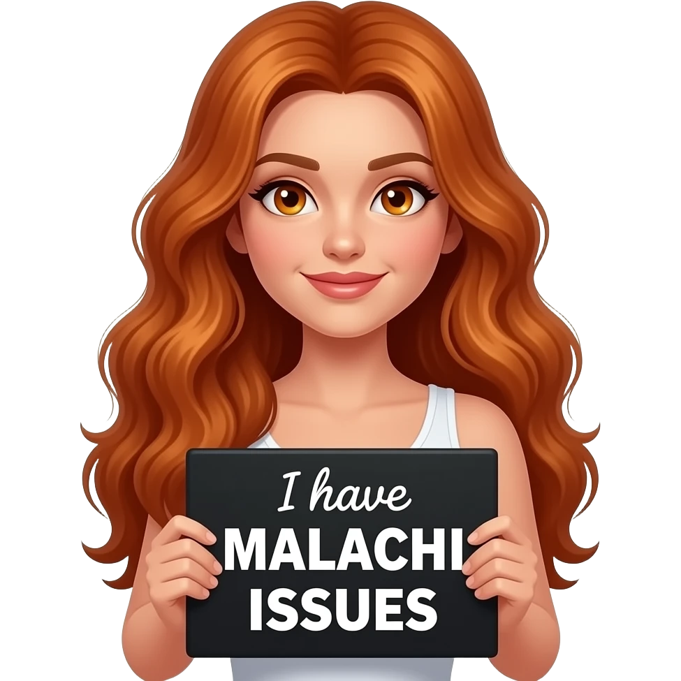 sexy girl with long wavy ginger hair and ginger eyes wearing a white tanktop is holding a black colored sign with I have MALACHI ISSUES written on it emoji