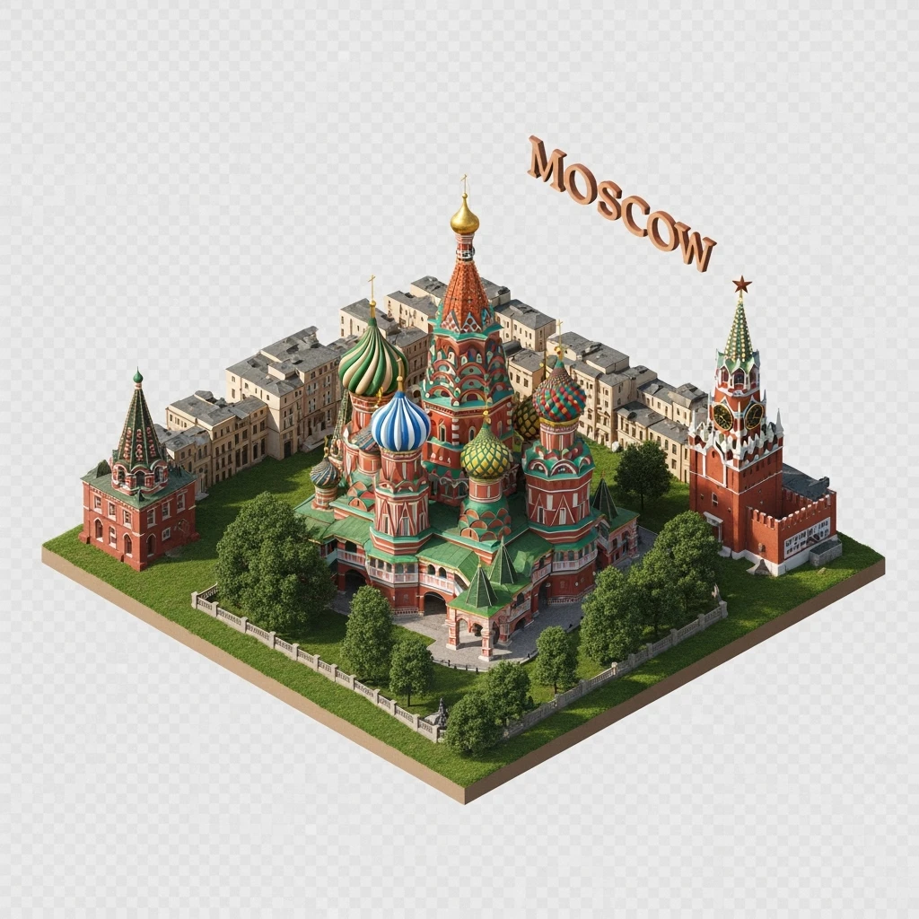Изометрическая фотореалистичная иллюстрация-модель Москвы в центре Храм Василия Блаженного, баланс между стилизацией и реализмом, эффект миниатюры, прозрачный фон emoji
