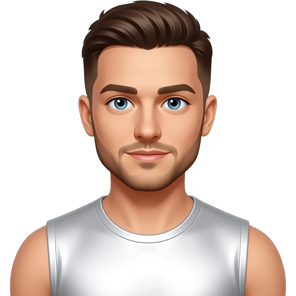 Justin Jeffre from 98 Degrees with blue eyes, brown buzz cut hair and short beard, white metallic sleeveless shirt emoji