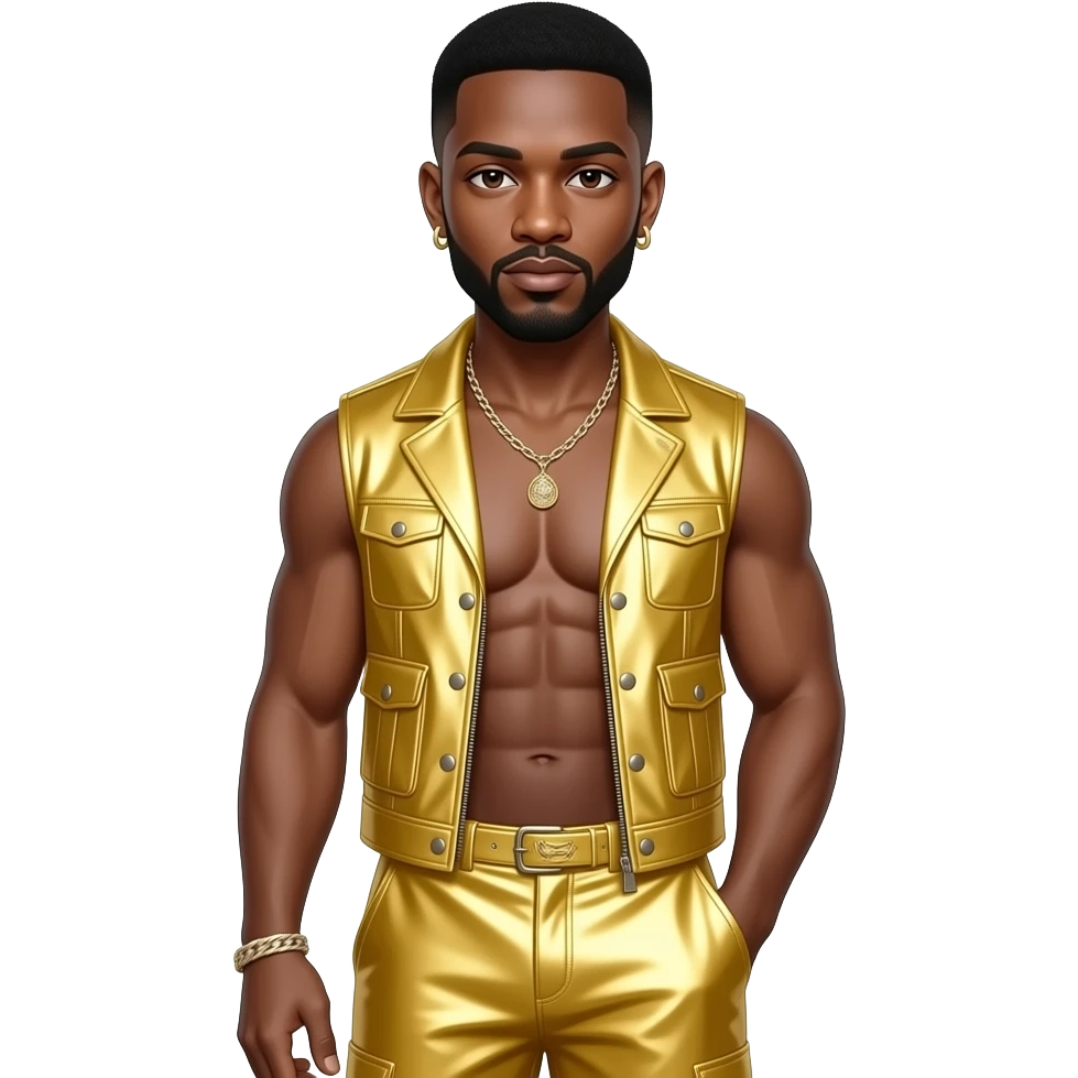 Usher with black buzz cut hair, brown eyes, butter yellow metallic vest, butter yellow metallic baggy loose pants, shirtless with necklace and earrings emoji
