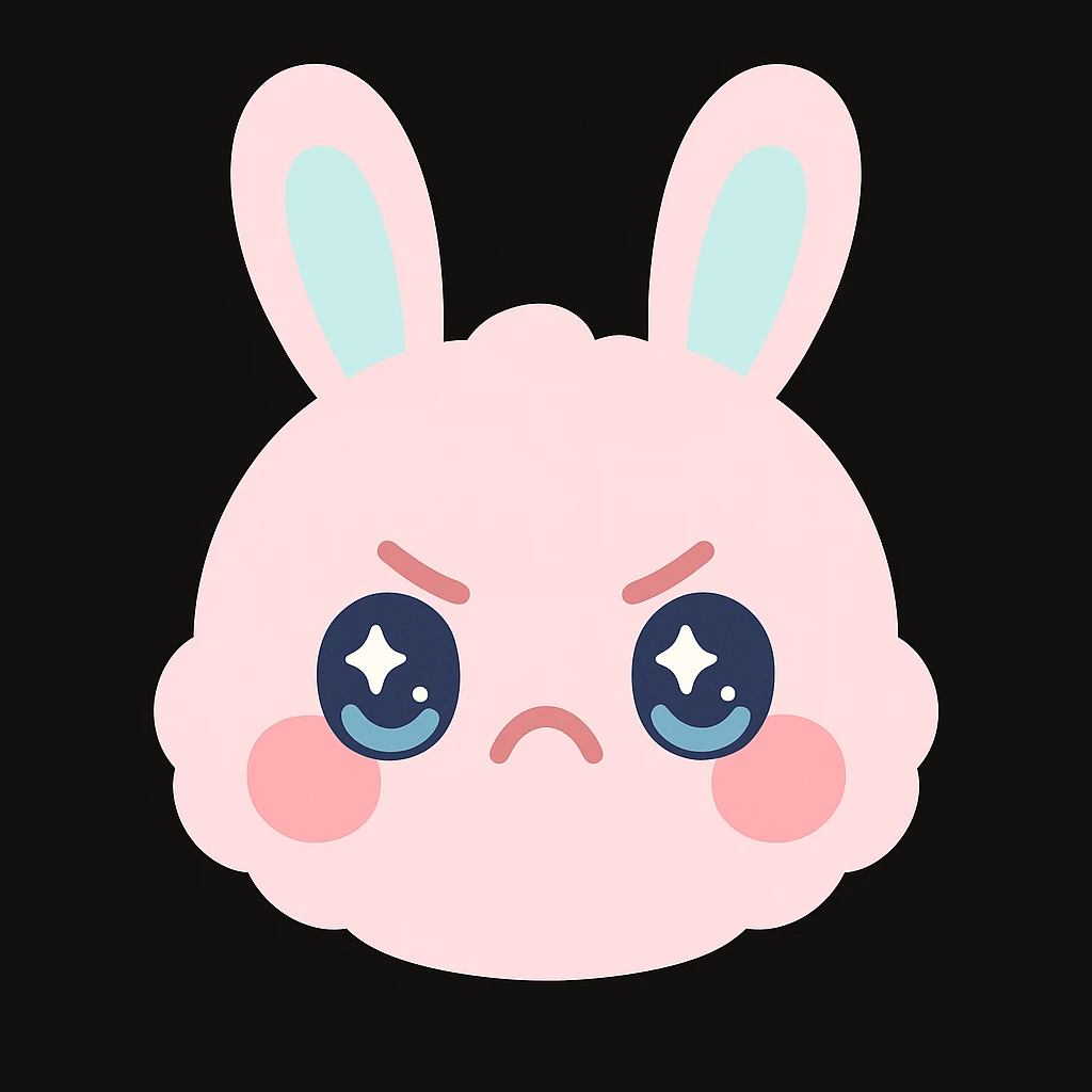 kawaii chibi-style bunny emoji with a round fluffy face, sparkly eyes, blushing cheeks, pastel color palette, angry mood, soft rounded design, anime-style, black background, vector art emoji