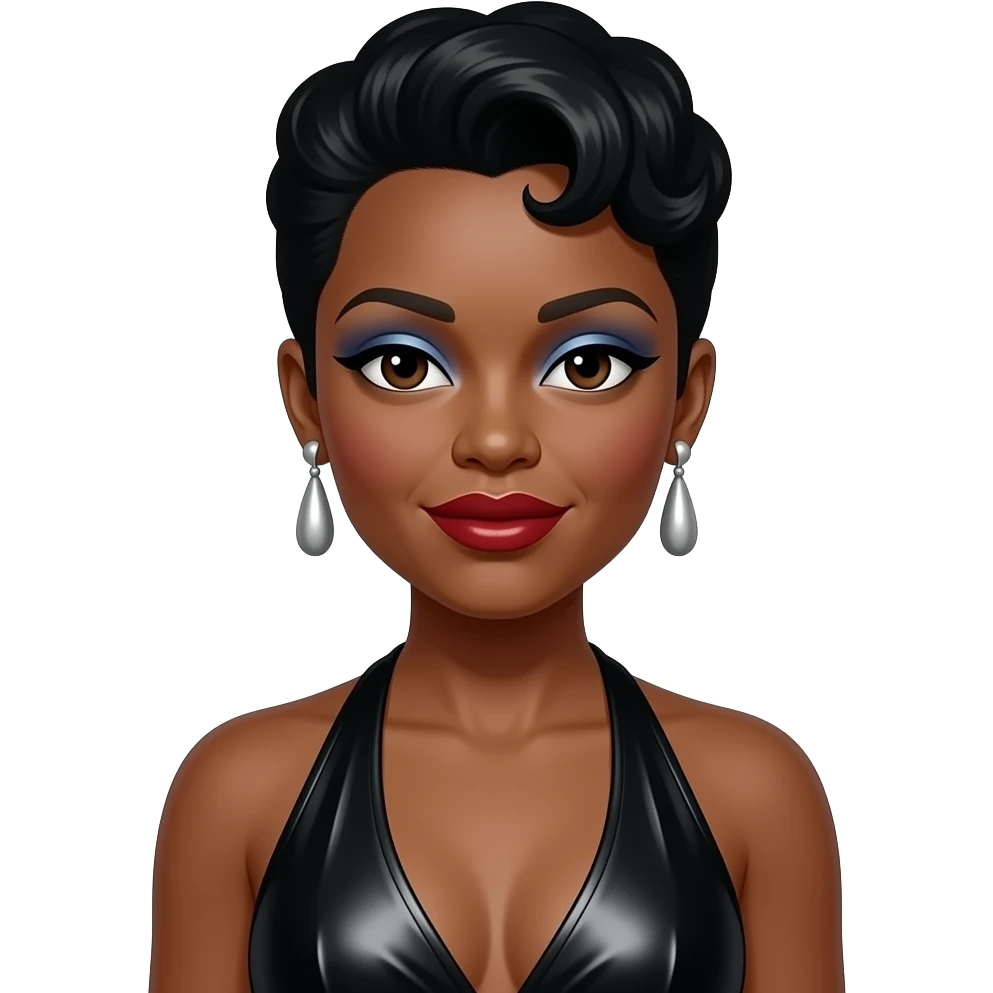 Bille Holiday with dark brown eyes, black pompadour hair, periwinkle eyeshadow, red lipstick, black metallic halter dress, silver earrings emoji