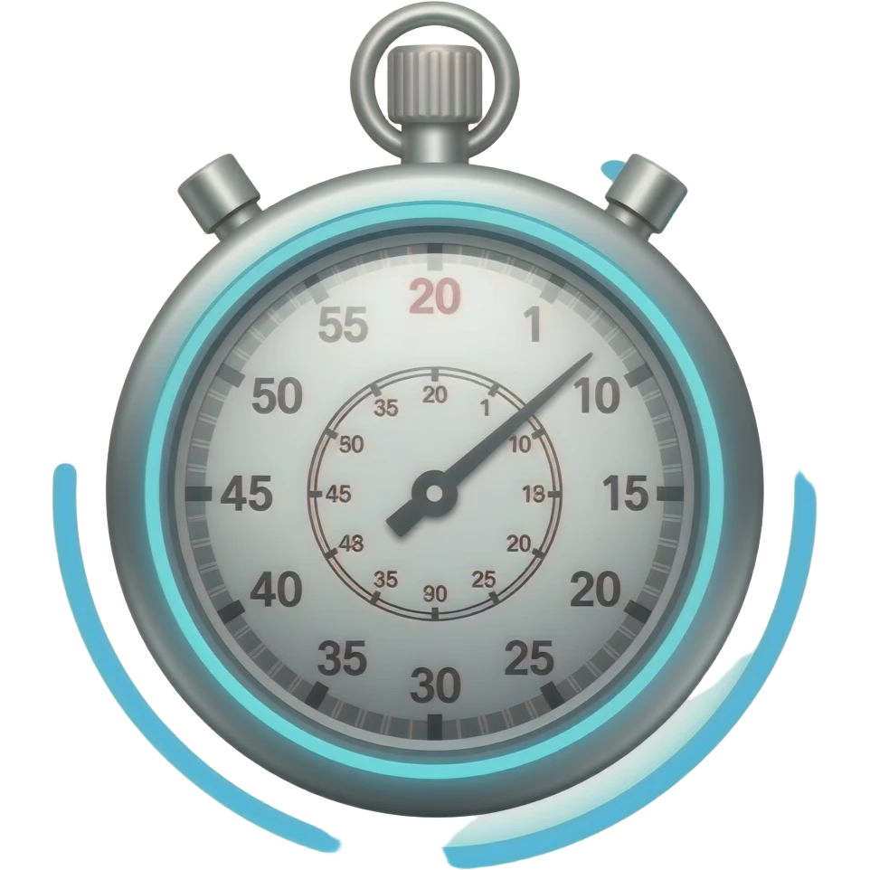 Fast stopwatch emoji: sleek silver chronograph with motion lines, glowing blue accents, flat iOS vector style, minimalist and dynamic, transparent background." emoji