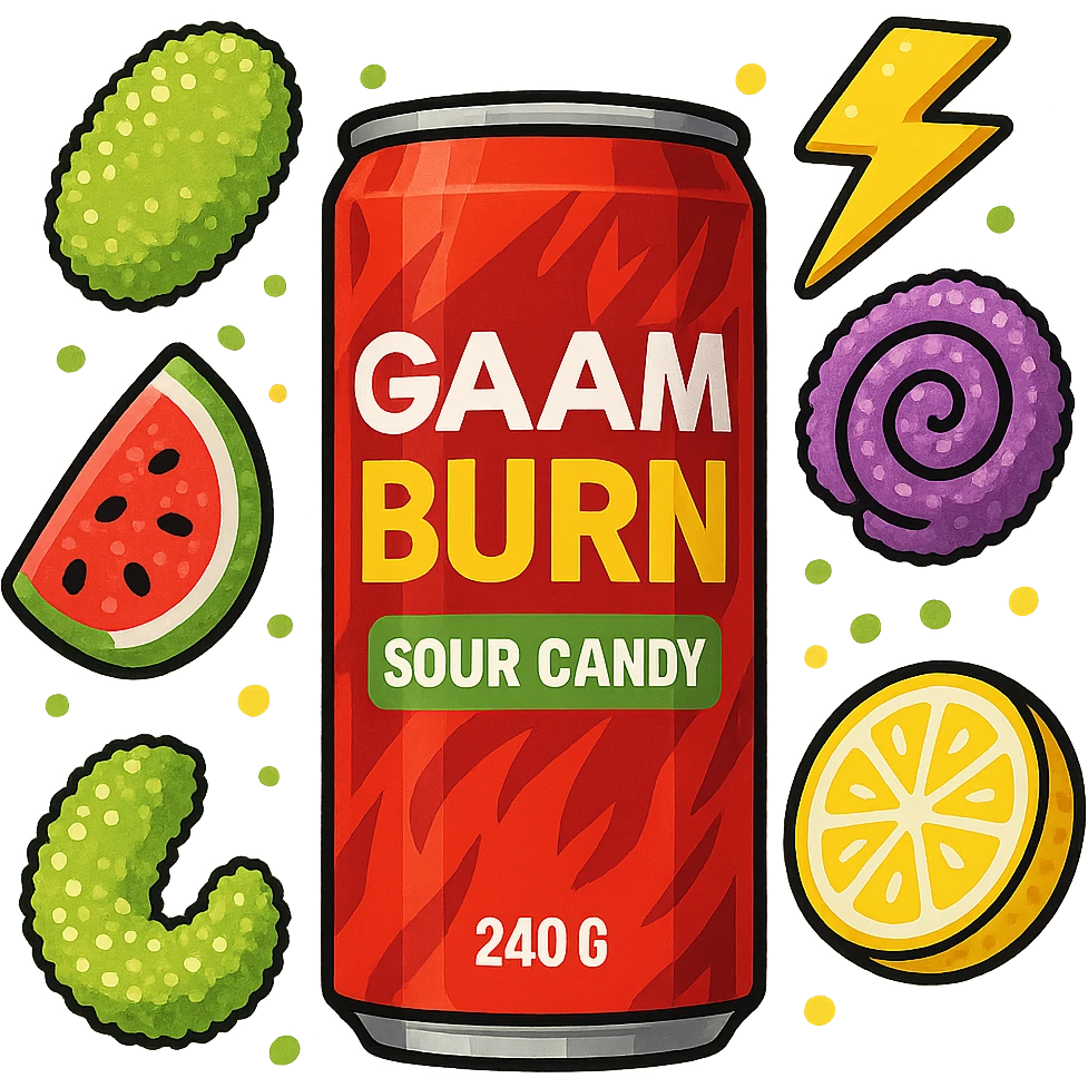 Gaam Burn 240 G Sour, with sour candy elements, digital illustration, no background emoji