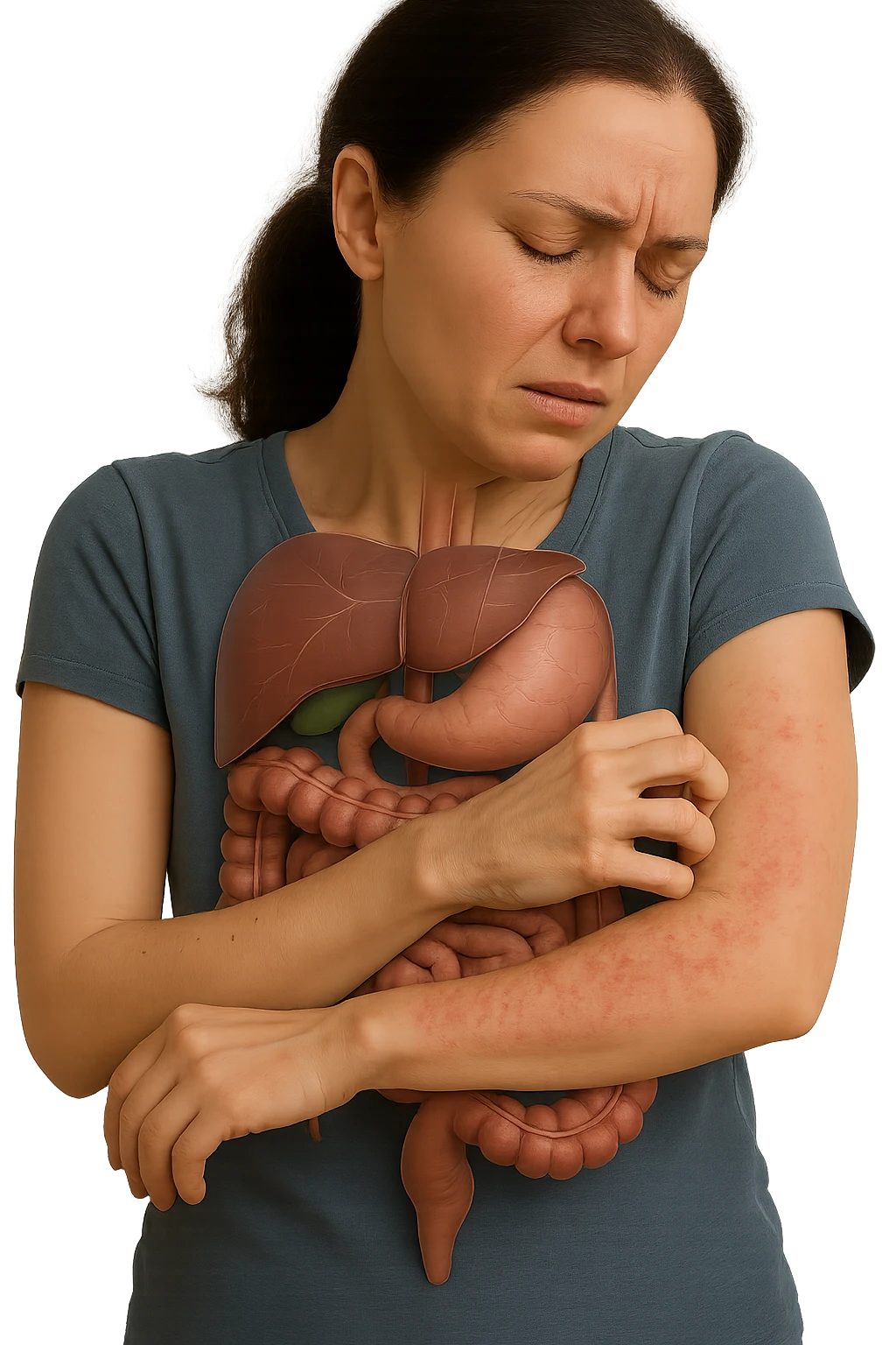 donna con intestino umano anatomico realistico che si gratta il braccio su cui ha un'eritema, iperrealistica 4k emoji