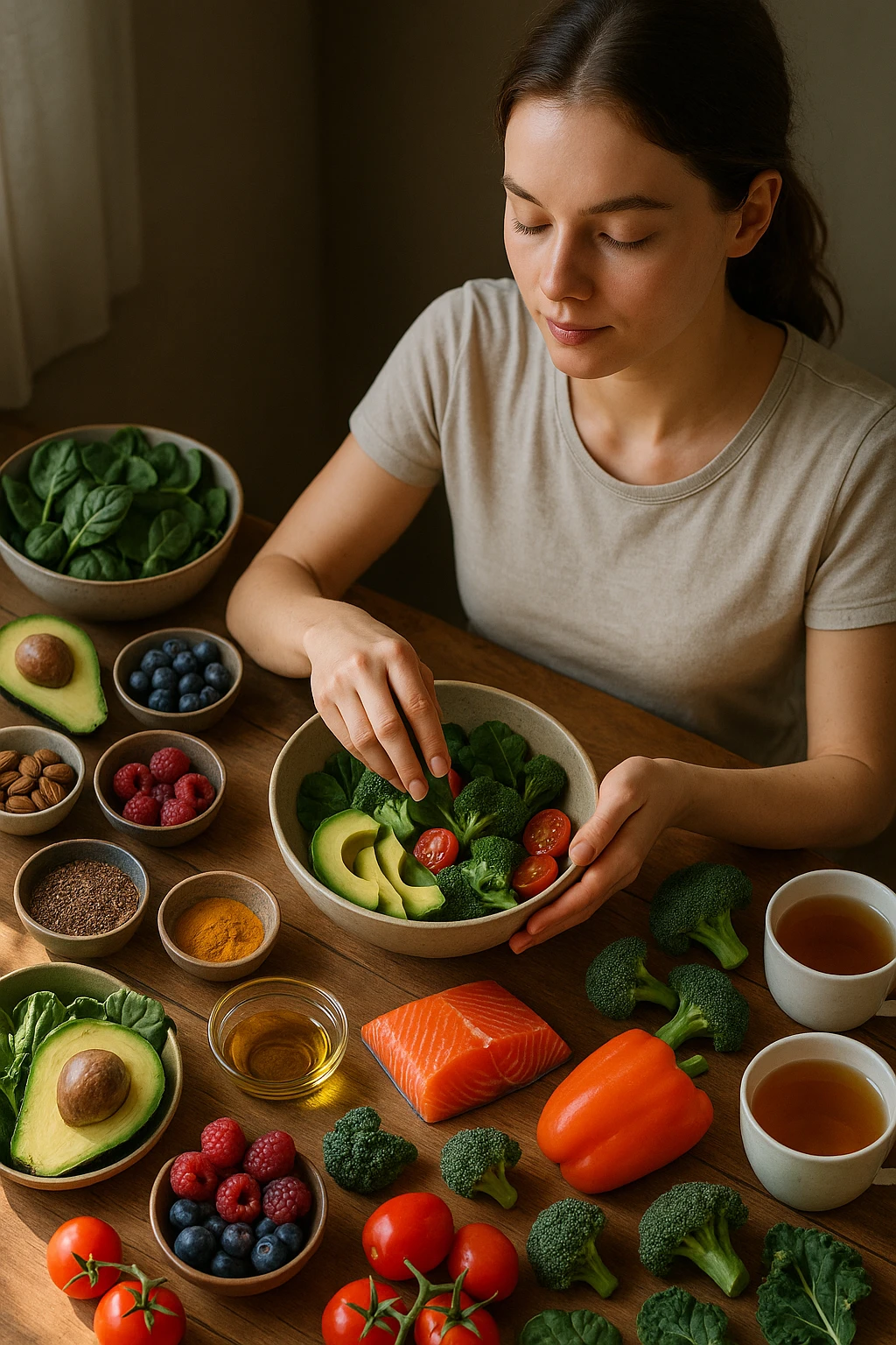 A realistic, cinematic flat-lay image of a clean wooden kitchen table filled with fresh, colorful whole foods known to help reduce androgen excess naturally. The table includes leafy greens like spinach and kale, avocados, berries, colorful vegetables, nuts, seeds (chia and flaxseeds), wild-caught salmon, and herbal teas, carefully arranged in an aesthetically pleasing, organized manner. A small glass bowl with olive oil and another with turmeric powder are included, emphasizing anti-inflammatory properties. In the scene, a young woman with clear, healthy skin and a calm expression is preparing a bowl with these ingredients, symbolizing a hormone-balancing diet. Warm, natural daylight streams in, creating a cozy and inviting atmosphere. The style is hyper-realistic 35mm photography, with vibrant yet soft colors, showcasing textures of the fresh produce and the peaceful vibe of using nutrition to support hormonal balance emoji