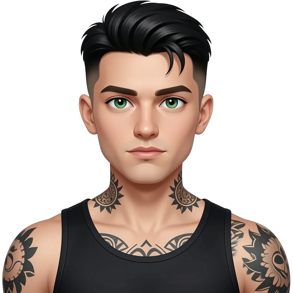 jeune gars mystérieux dark, cheveux noir de jais low taper fade, yeux verts, musclé, tatoué, fossette, peau très très très pâle emoji