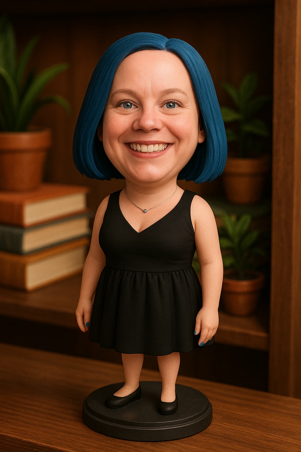 Woman with dark blue hair and blue fingernails standing on a sidewalk emoji