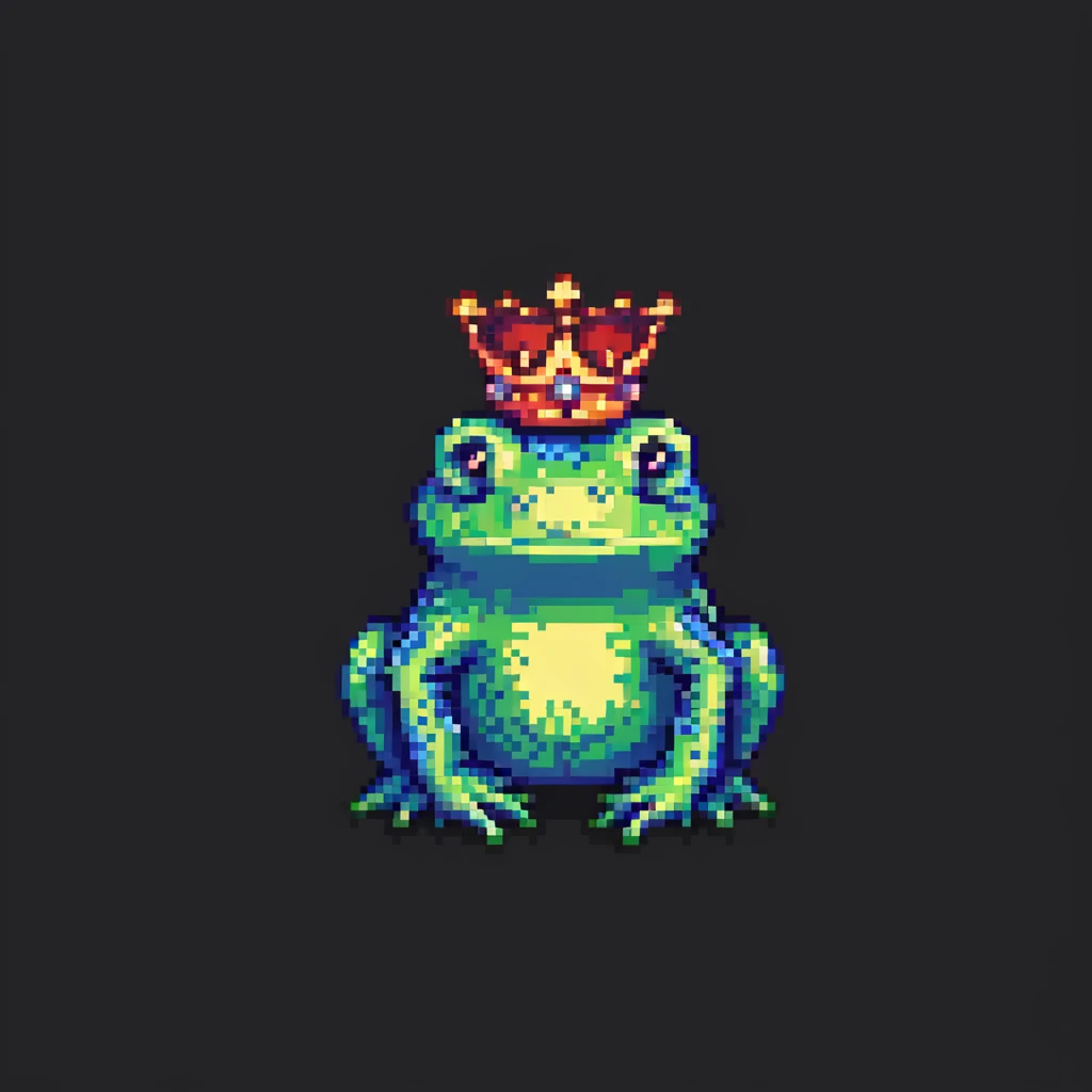 pixel art crowned frog side view, small crown, retro game style emoji