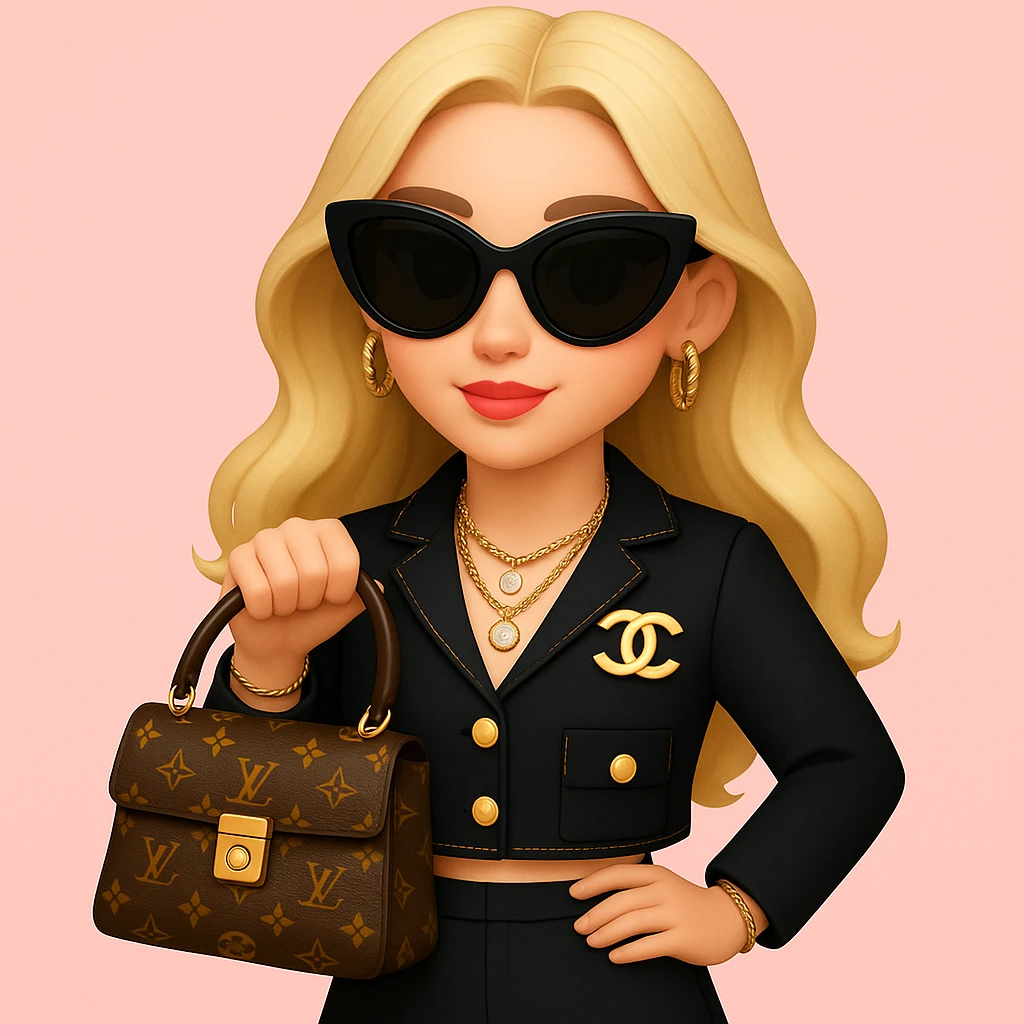 Add stylish black sunglasses and gold jewelry including earrings and a necklace to the girl. Keep the pink background and outfit unchanged. Maintain the original style and details of the girl while adding these accessories. emoji