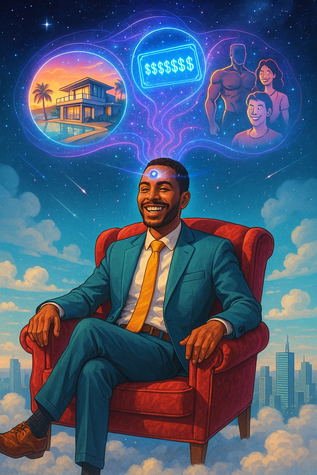 Un uomo sorridente e radioso, in abito elegante ma rilassato, seduto su una poltrona di velluto rosso fluttuante nel cielo sopra una città moderna. Dal suo terzo occhio (sulla fronte) si sprigiona un ologramma cosmico che mostra le sue visualizzazioni: una villa sul mare, un conto bancario con cifre infinite, un corpo atletico e persone felici intorno a lui emoji