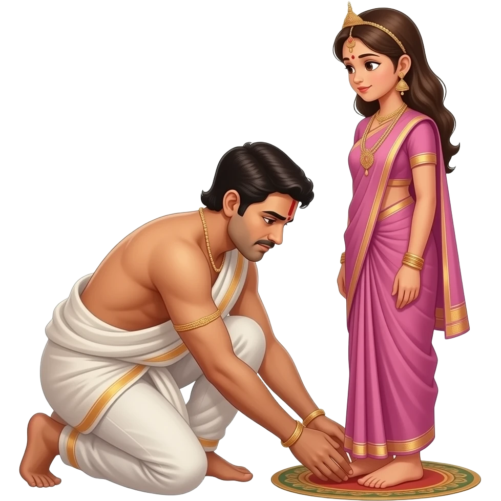Generate an emoji in which a man apologizing to laying on her feet & touching them as Hindus ritual, to a standing girl emoji