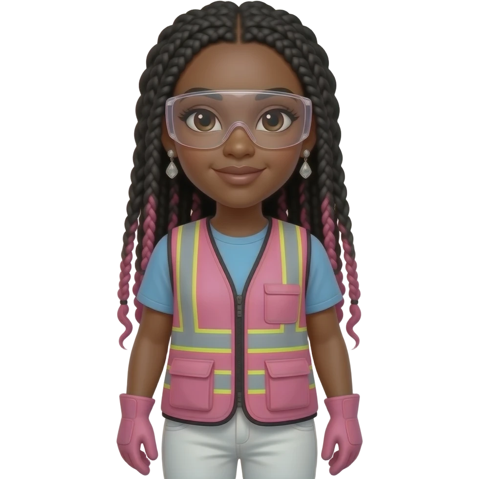 African American woman with brown eyes with long pink and black box braids wearing diamond earrings wearing pink and clear safety glasses wearing a pink construction vest wearing white pans wearing pink construction vest wearing white pants wearing pink construction gloves emoji