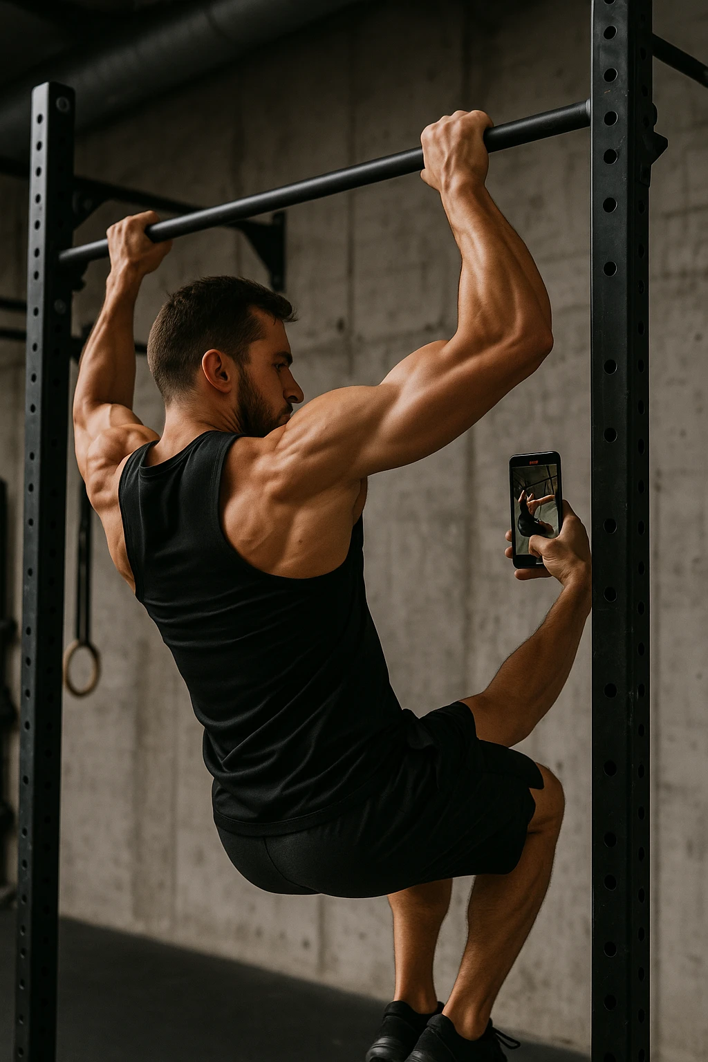 uomo che fa Muscle up e si sta filmando di lato con il telefonino che lo riprende mentre si allena, così da analizzarsi dopo emoji
