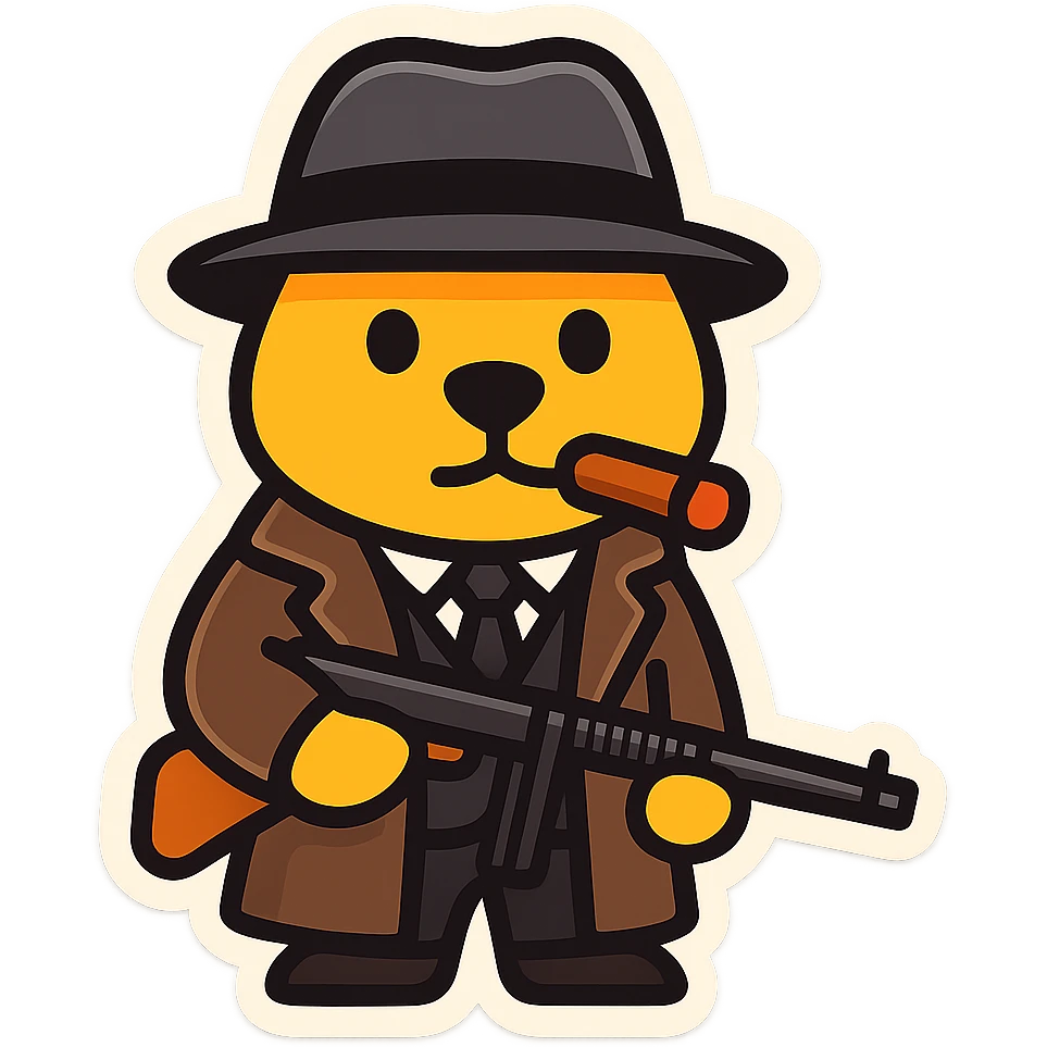 Convert the tough anthropomorphic beaver gangster into a simple emoji version. Keep the fedora, cigar, trench coat, suit, and Tommy gun. Use a clean, minimal style with a transparent background, suitable for an emoji. emoji