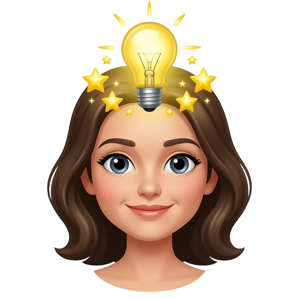 머리 위에 전구, 별 등이 있으며 좋은 아이디어가 떠오른 듯한 여성 (머리만 만들기) emoji