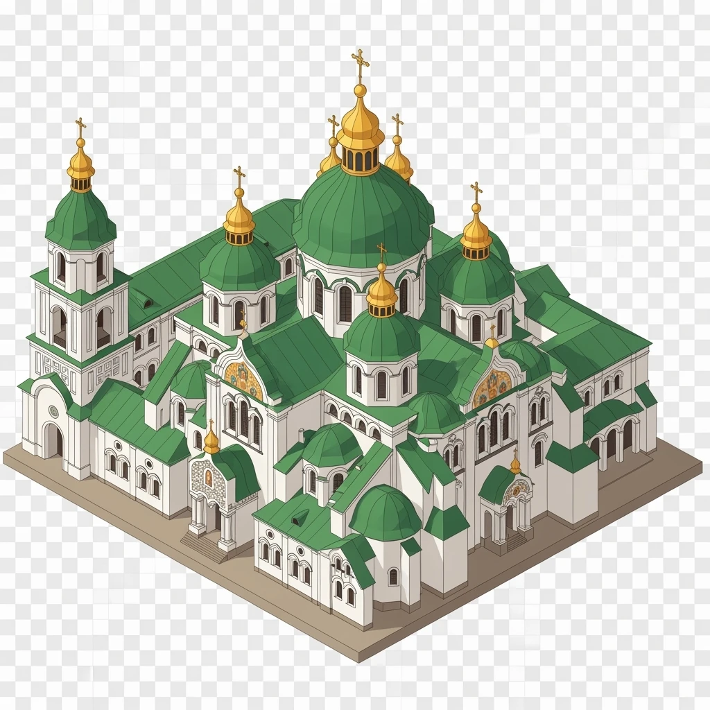 Isometric illustration of photorealistic Saint Sophia Cathedral in Kyiv, balanced between stylized and realistic, 3D miniature effect, transparent background. emoji