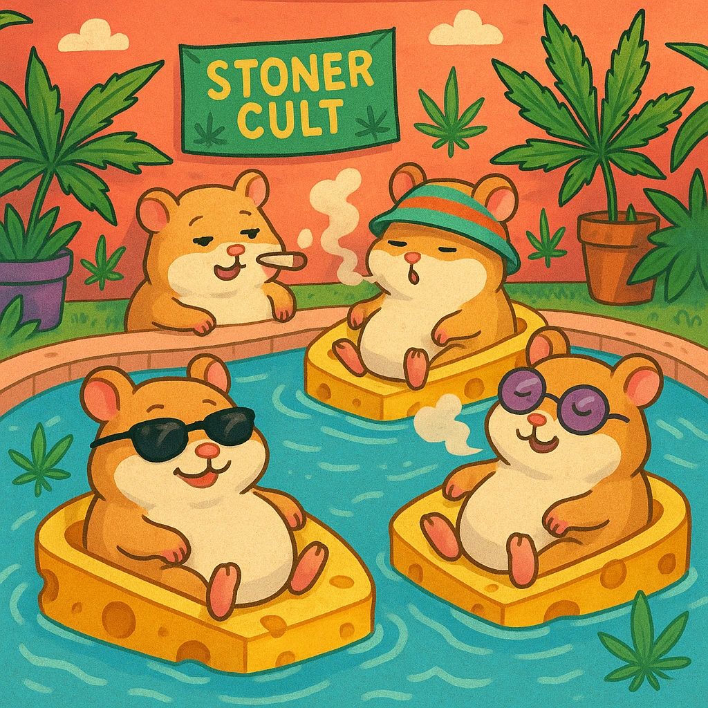 A pool party of hamsters with a stoner cult theme, weed leaves, cheese floats, and relaxed, silly expressions, colorful and quirky mood. emoji