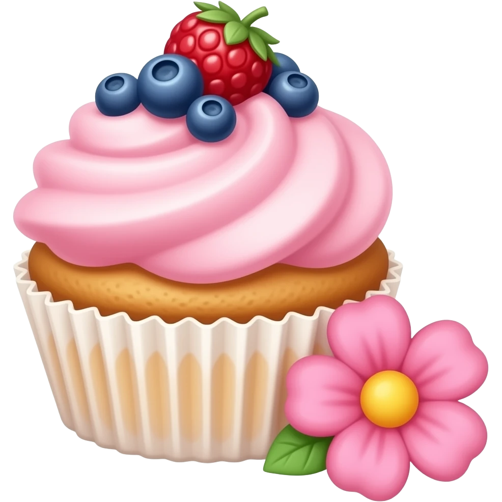 cupcake with pink icing and berries on itwith a cute pink flower next to it emoji