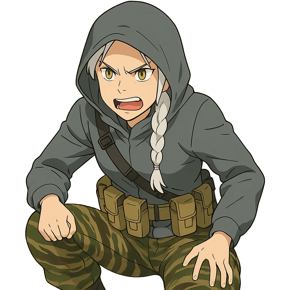 1 female, mid-20's  white hair long braid, gold yellow eyes, gray waterproof tactical shirt hoodie, hood up, single point sling, tan mag pouches on belt rig, tiger stripe camo pants, crouching, angry expression emoji