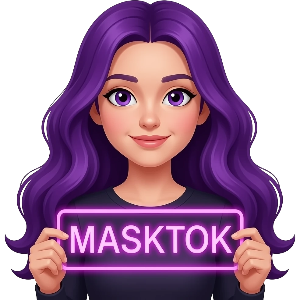 girl with long purple hair with a MASKTOK NEON sign emoji