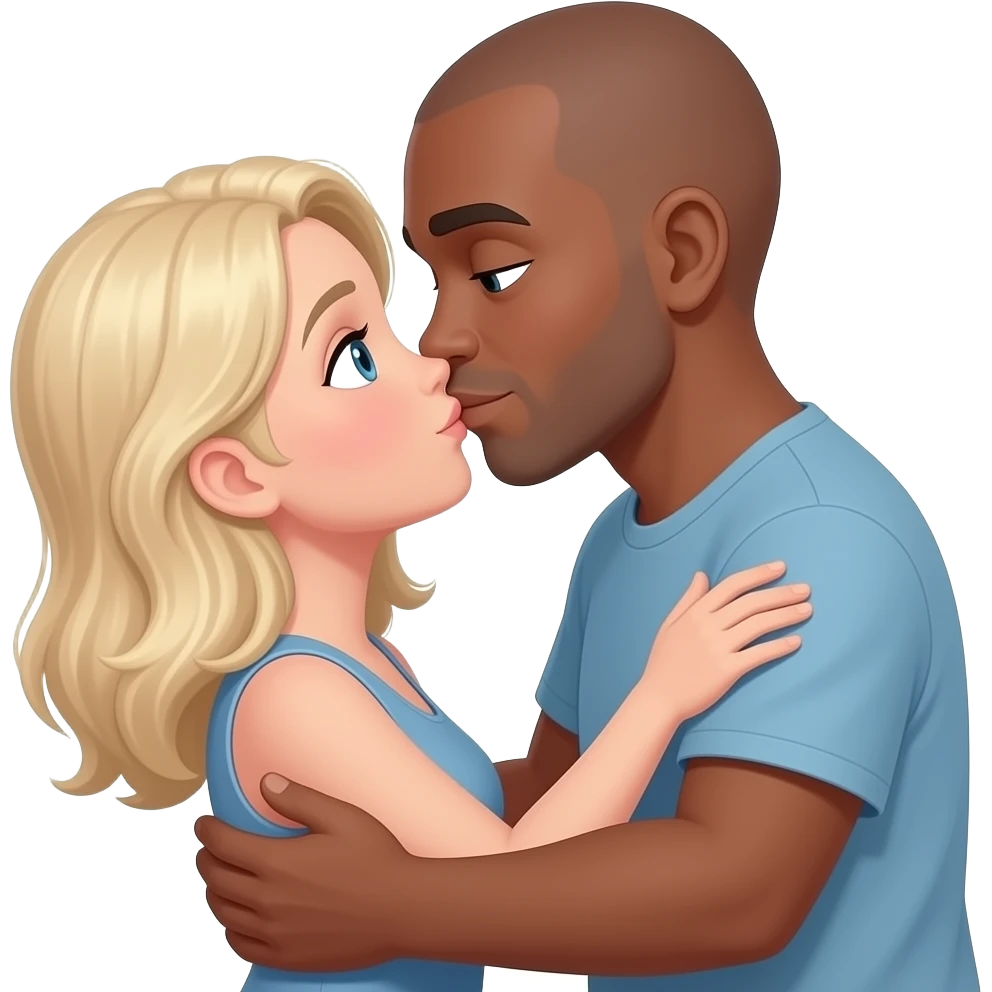Short Blond haired white woman & taller bald brown man hugging looking into eachothers eyes kissing emoji