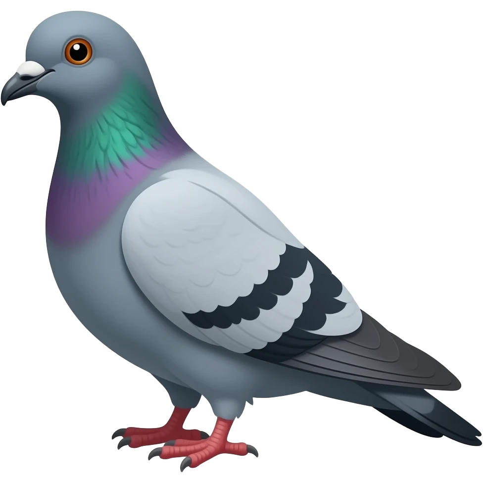 A Male pigeon with gray feathers and two dark gray stripes on eatch of his wings, a dark gray beak with a yellow stripe at the base, and a purple and green chest. emoji