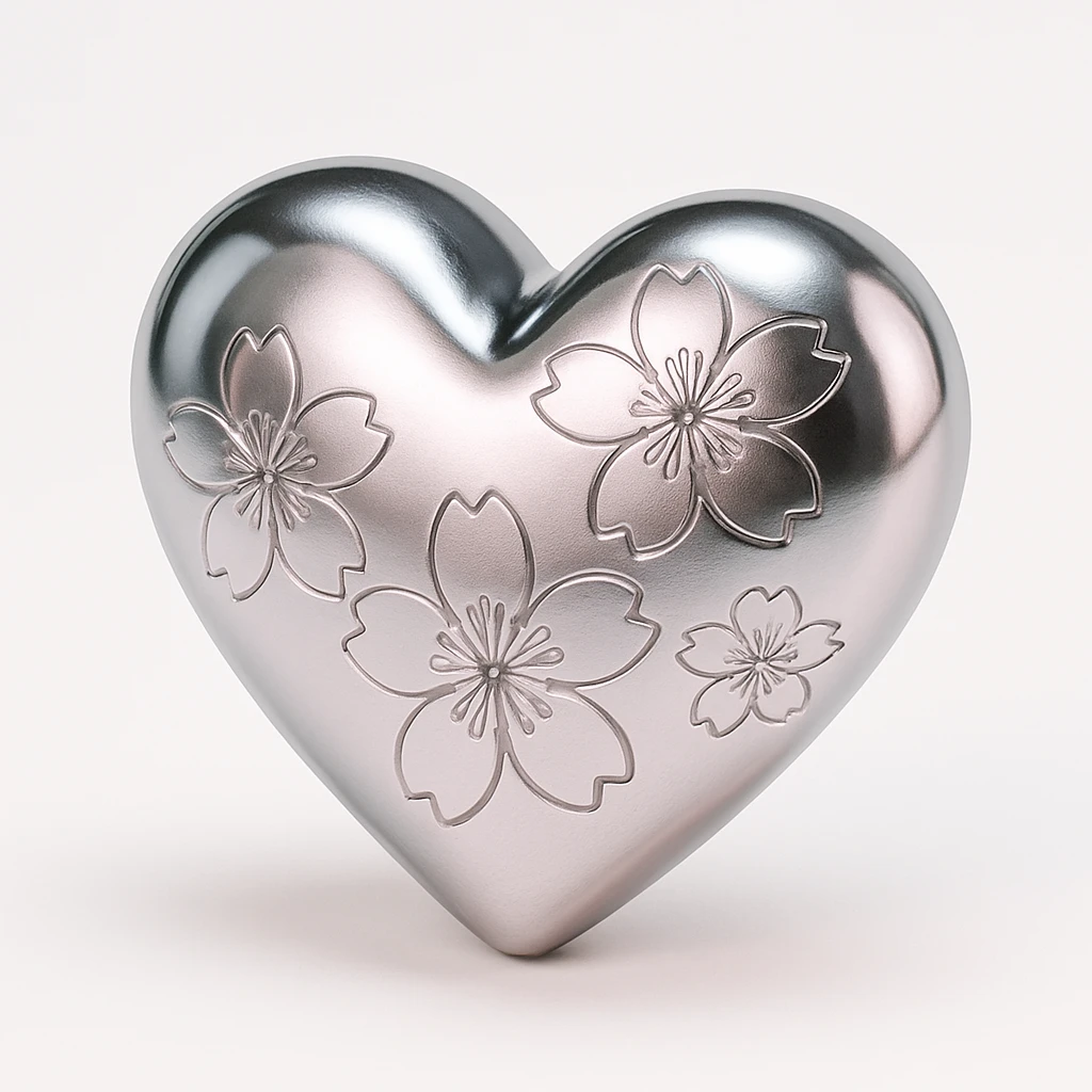 pink heart with sakura flowers, chrome style emoji