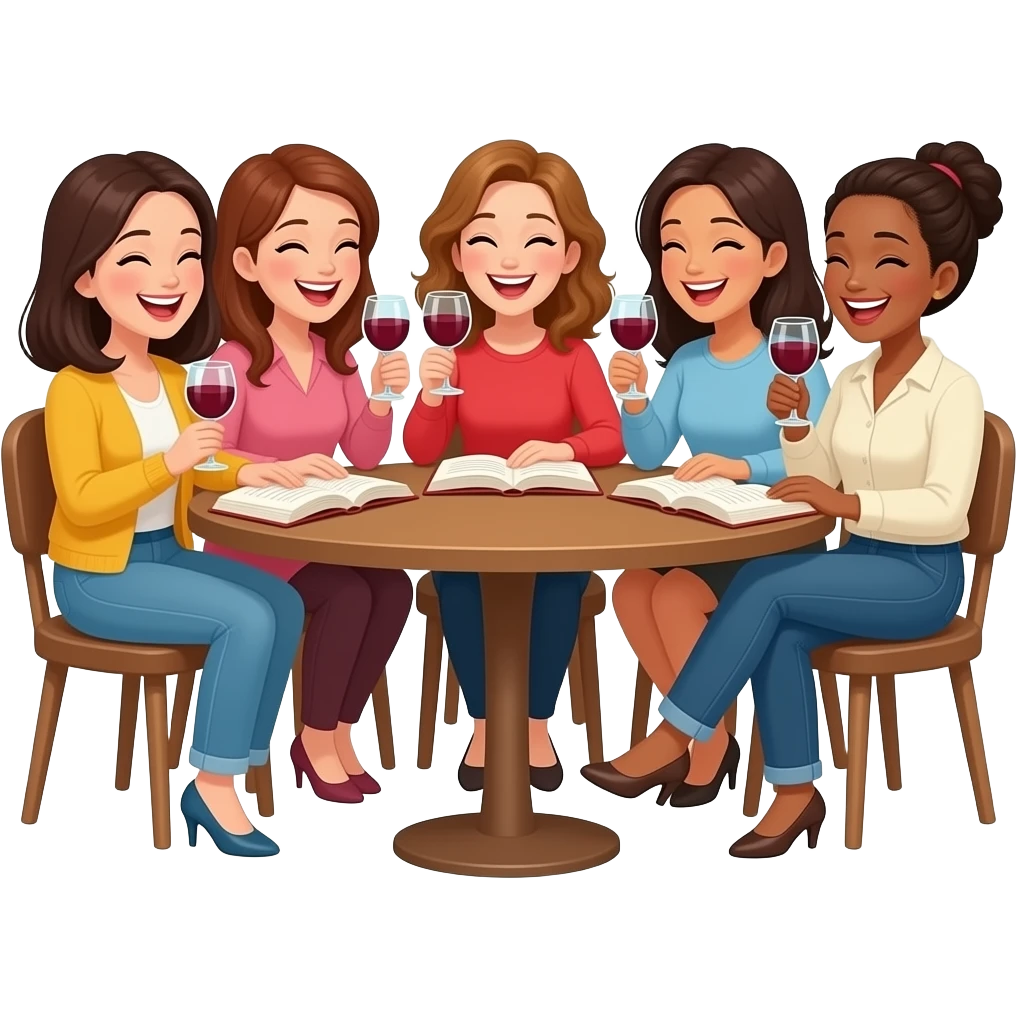 5 ladies silly book club having fun drinking wine emoji
