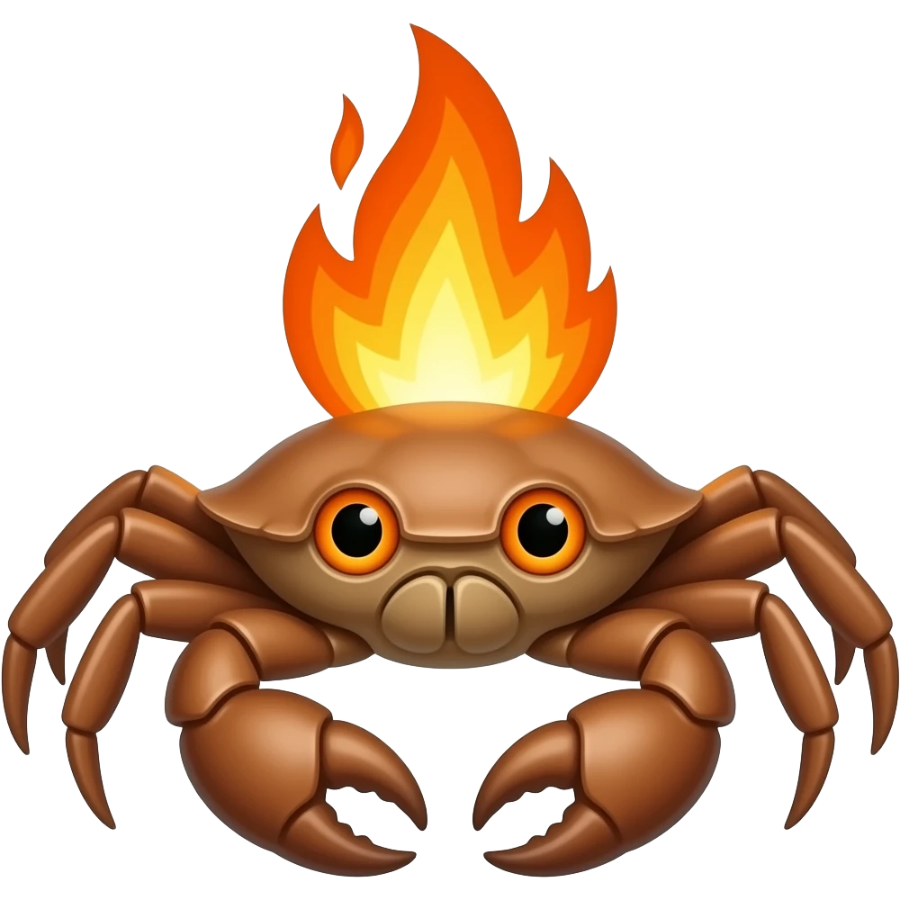 A Brown crab with a fireplace on its back with orange eyes emoji